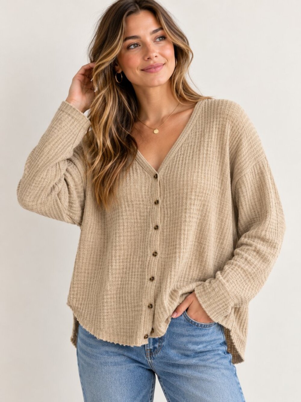 Urban Outfitters Out From Under Jojo Waffle Knit Cardigan Oatmeal L
